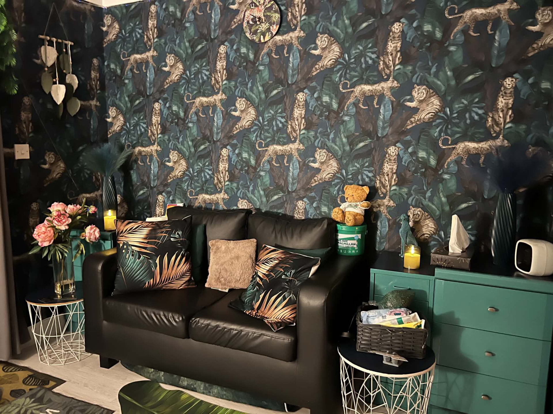 Waiting area sofa with tropical cushions